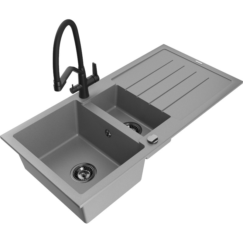 Mexen Andres fregadero de granito de 1,5 senos con escurridor y grifo de cocina Duo, gris - 6515-71-671701-70-B