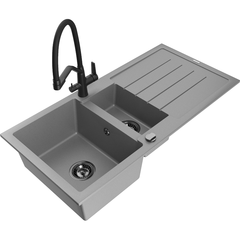 Mexen Andres granite sink 1.5-bowl with drainer and Duo kitchen tap, grey - 6515-71-671701-70-B
