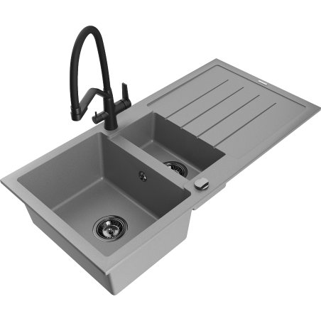 Mexen Andres fregadero de granito 1,5 senos con escurridor y grifo de cocina Duo, gris - 6515-71-671701-70-B
