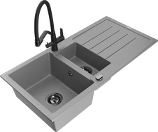 Mexen Andres granite sink 1.5-bowl with drainer and Duo kitchen tap, grey - 6515-71-671701-70-B