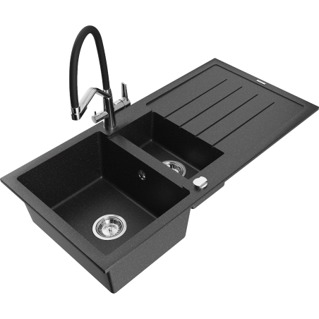 Mexen Andres granitische spoelbak 1,5-komore met afdruiprek en Duo keukenkraan, zwart/zilveren metallic - 6515-73-671701-07