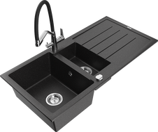 Mexen Andres granieten spoelbak 1,5-komorige met druiprek en keukenmengkraan Duo, zwart/zilver metallic - 6515-73-671701-07