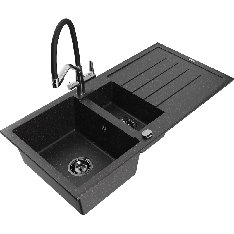 Mexen Andres fregadero de granito de 1,5 senos con escurridor y grifo de cocina Duo, negro/plata - 6515-73-671701-07-B
