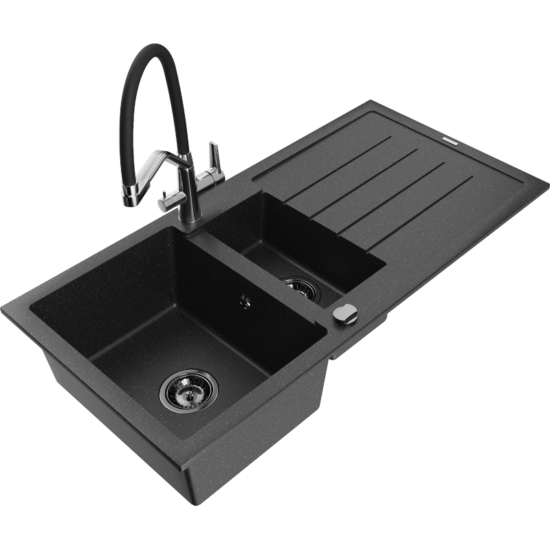 Mexen Andres Granite Sink 1.5-Bowl with Drainer and Duo Kitchen Tap, Black/Silver - 6515-73-671701-07-B