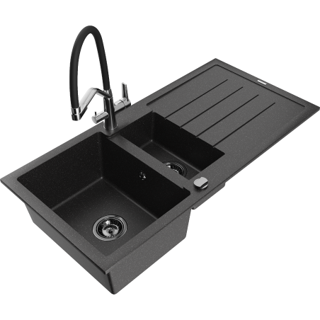 Mexen Andres fregadero de granito de 1,5 senos con escurridor y grifo de cocina Duo, negro/plata - 6515-73-671701-07-B