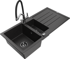Mexen Andres fregadero de granito de 1,5 senos con escurridor y grifo de cocina Duo, negro/plata - 6515-73-671701-07-B