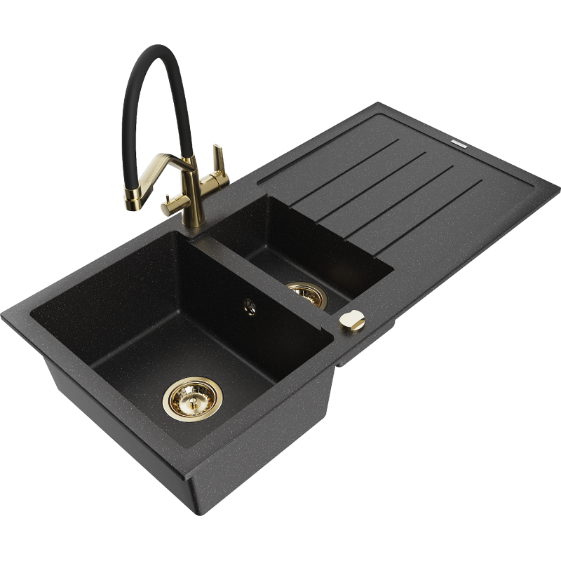 Mexen Andres 1.5-bowl Granite Sink with Drainer and Duo Kitchen Tap, Black/Silver - 6515-73-671701-57-G