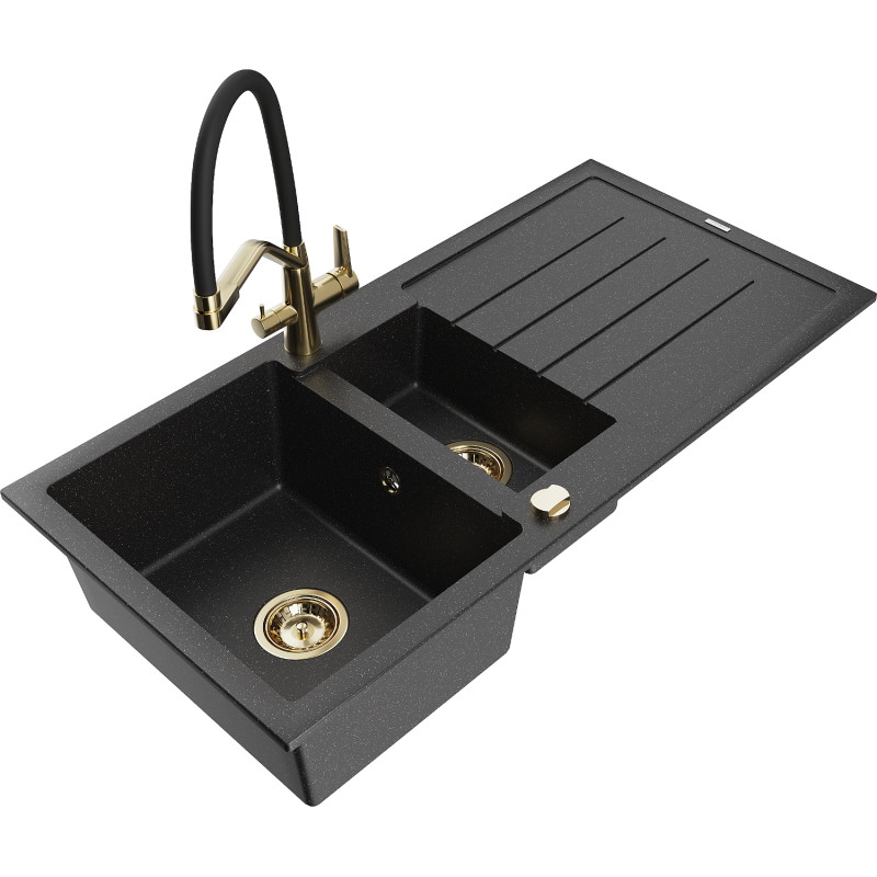 Mexen Andres granitische 1,5-komparty gootsteen met afdruipblad en Duo keukenkraan, zwart/zilver - 6515-73-671701-57-G