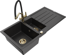 Mexen Andres Granitspüle 1,5-Becken mit Abtropffläche und Küchenarmatur Duo, schwarz/silber - 6515-73-671701-57-G