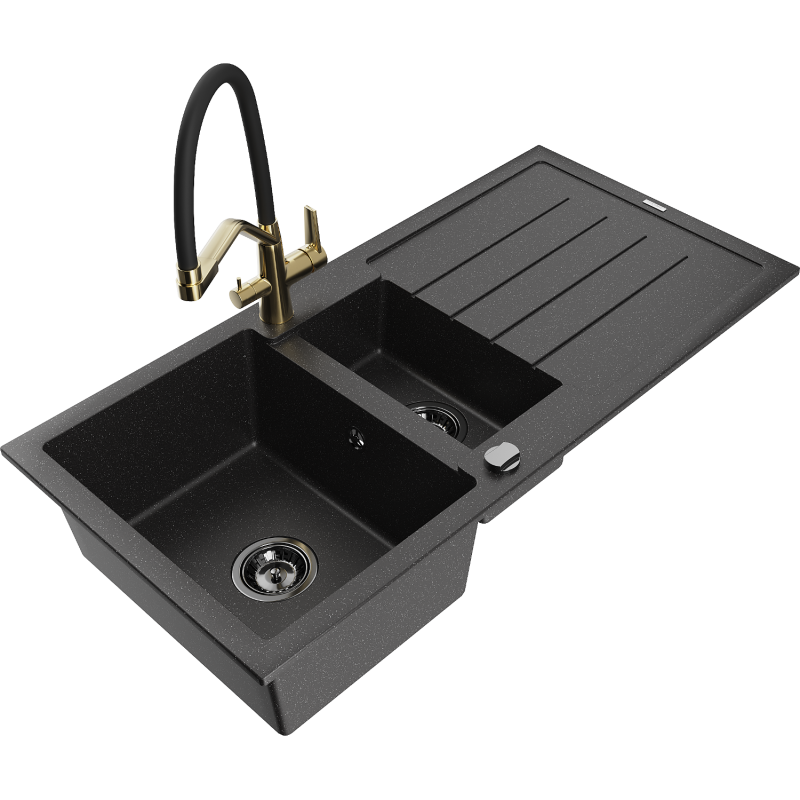 Mexen Andres granite sink 1.5-bowl with drainer and Duo kitchen tap, black/silver - 6515-73-671701-57-B