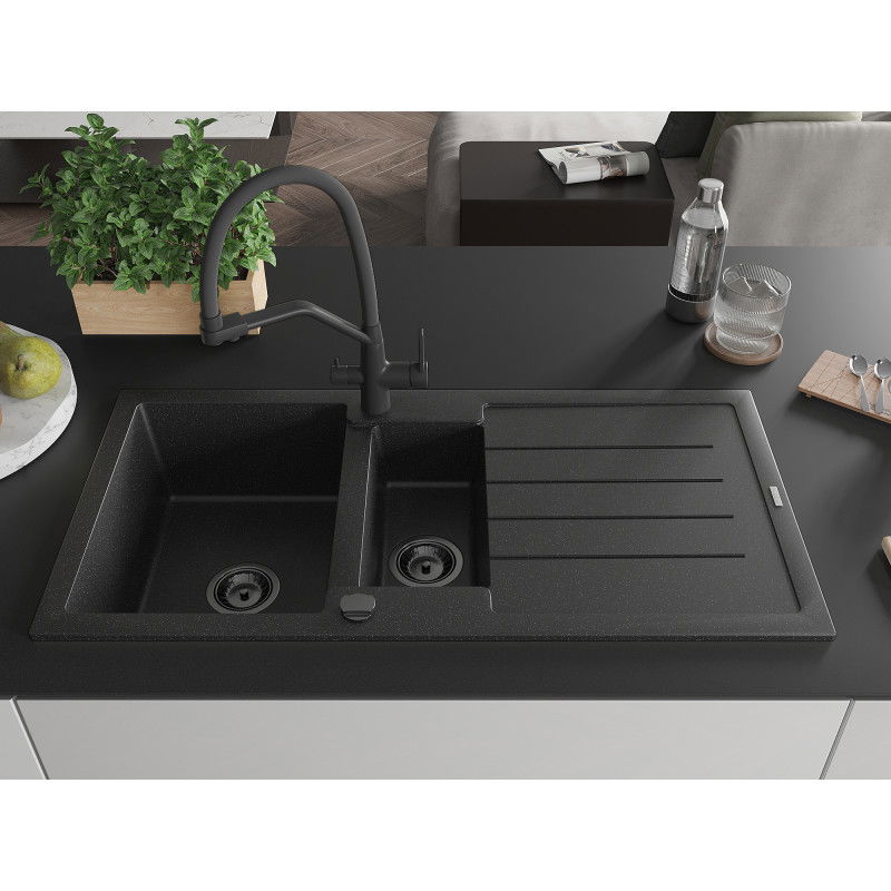 Mexen Andres granite sink 1.5-bowl with drainer and kitchen tap Duo, black/silver - 6515-73-671701-70-B