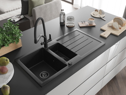 Mexen Andres granite sink 1.5-bowl with drainer and kitchen tap Duo, black/silver - 6515-73-671701-70-B