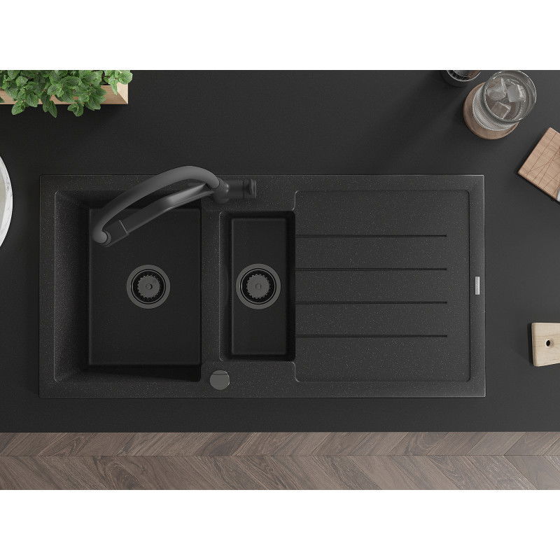 Mexen Andres fregadero de granito de 1,5 senos con escurridor y grifo de cocina Duo, negro/plateado - 6515-73-671701-70-B