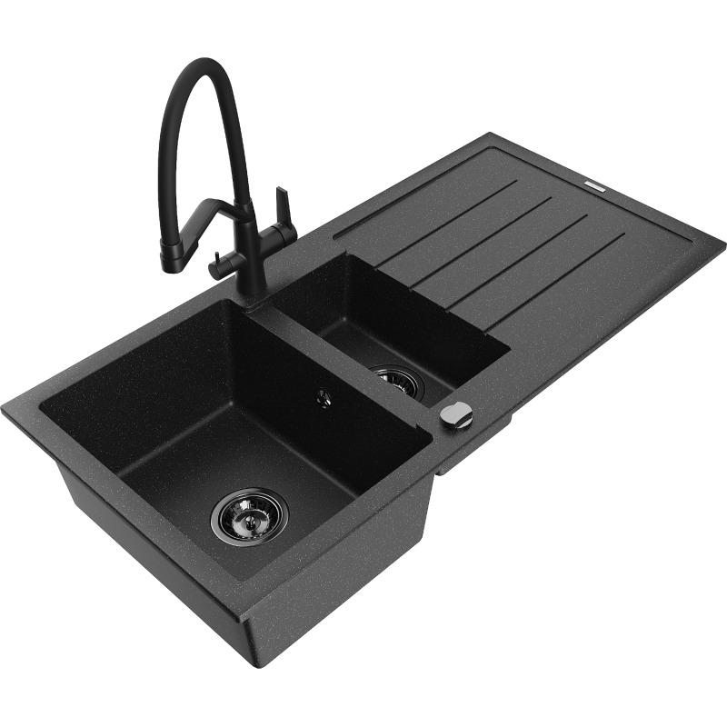 Mexen Andres granite sink 1.5-bowl with drainer and kitchen tap Duo, black/silver - 6515-73-671701-70-B