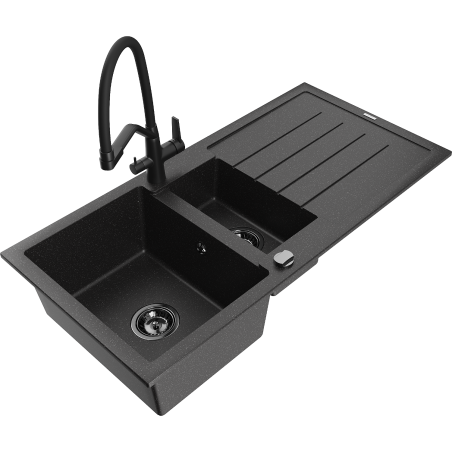 Mexen Andres fregadero de granito de 1,5 senos con escurridor y grifo de cocina Duo, negro/plata - 6515-73-671701-70-B