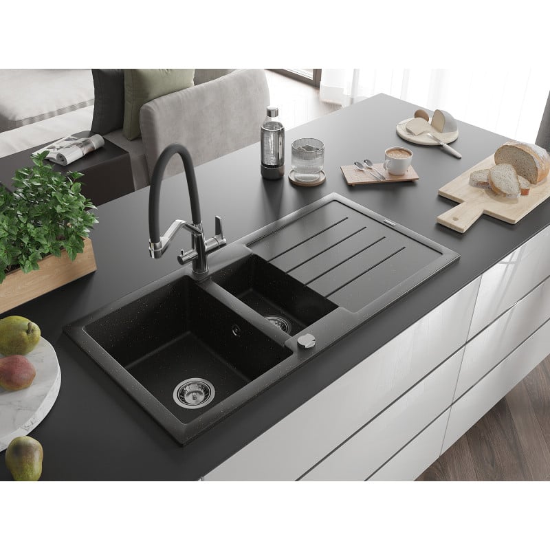 Mexen Andres lavello in granito 1,5 vasca con sgocciolatoio e miscelatore Duo, nero/oro metallizzato - 6515-75-671701-07