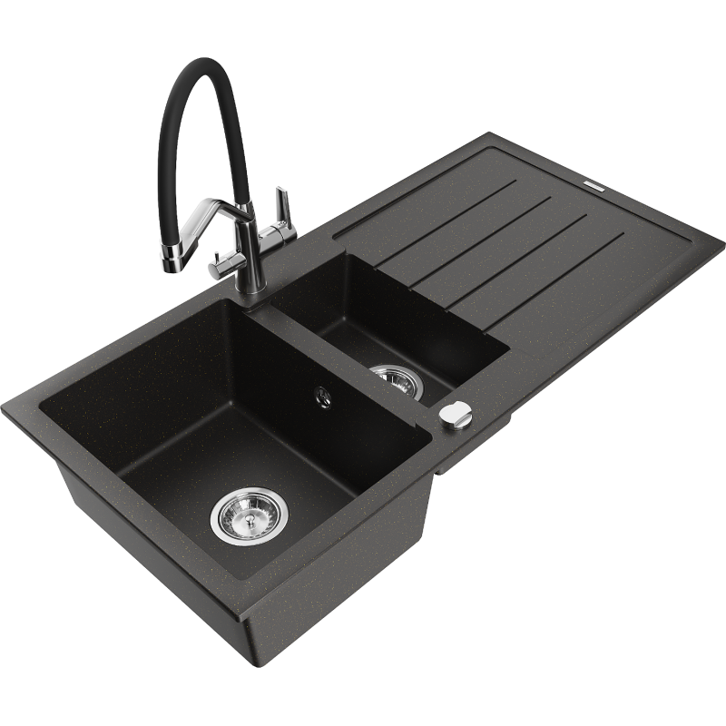 Mexen Andres granīta izlietne ar 1,5 nodalījumiem un noteku, ar virtuves krānu Duo, melna/zeltaina metālika - 6515-75-671701-07