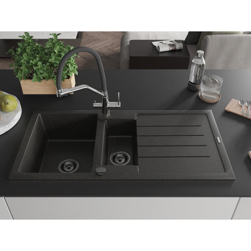 Mexen Andres granieten gootsteen 1,5-komorige met afdruiprek en keukenkraan Duo, zwart/gouden metallic - 6515-75-671701-07-B