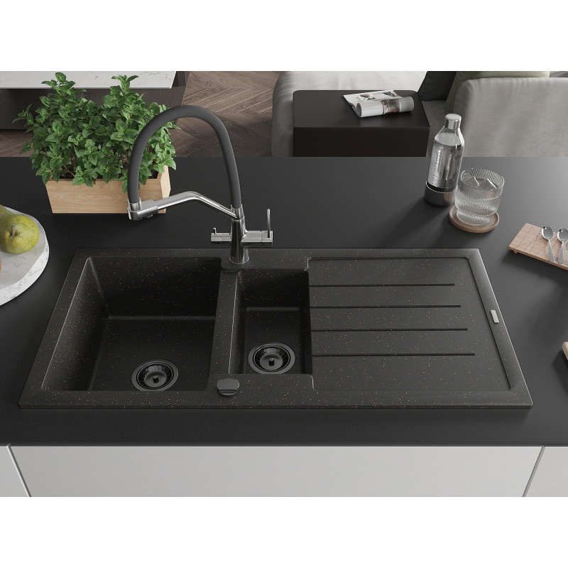 Mexen Andres lavello in granito 1,5 vasche con scolapiatti e rubinetto da cucina Duo, nero/oro metallizzato