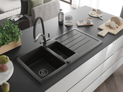 Mexen Andres granite sink 1.5-bowl with drainer and Duo kitchen tap, black/gold metallic - 6515-75-671701-07-B