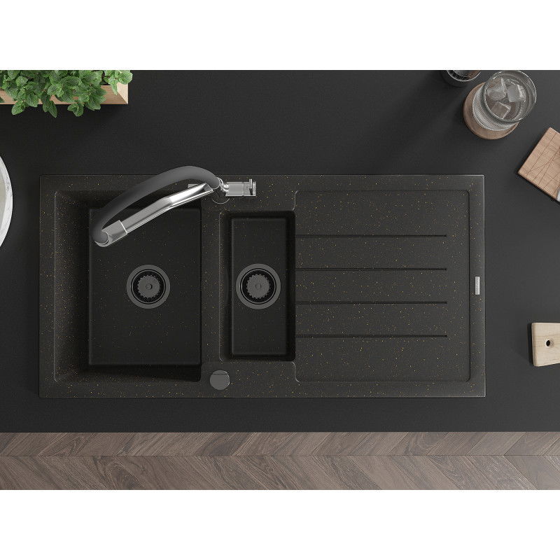 Mexen Andres fregadero de granito de 1,5 senos con escurridor y grifo de cocina Duo, negro/oro metálico - 6515-75-671701-07-B