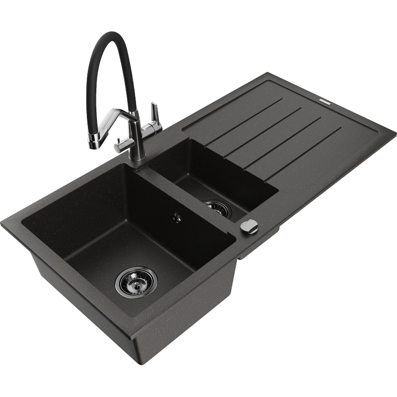 Mexen Andres lava-louça de granito de 1,5 compartimentos com escorredor e torneira de cozinha Duo, preto/dourado metálico