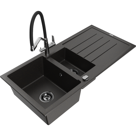 Mexen Andres lavello in granito 1,5 vasca con scolapiatti e miscelatore cucina Duo, nero/oro metallizzato - 6515-75-671701-07-B