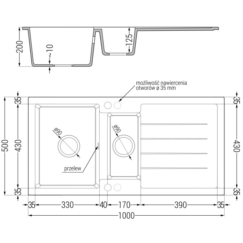 Mexen Andres 1,5-rums granitho med avrinningsbräda och Duo kökskran, svart/guld metallic - 6515-75-671701-57-G
