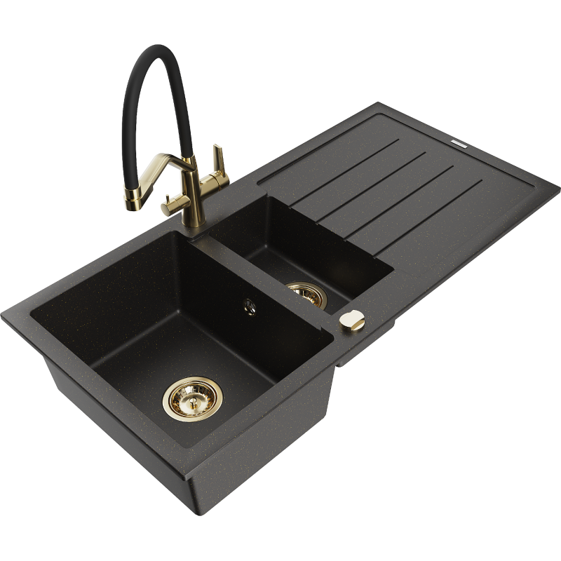 Mexen Andres granite sink 1.5-bowl with drainer and Duo kitchen tap, black/gold metallic - 6515-75-671701-57-G