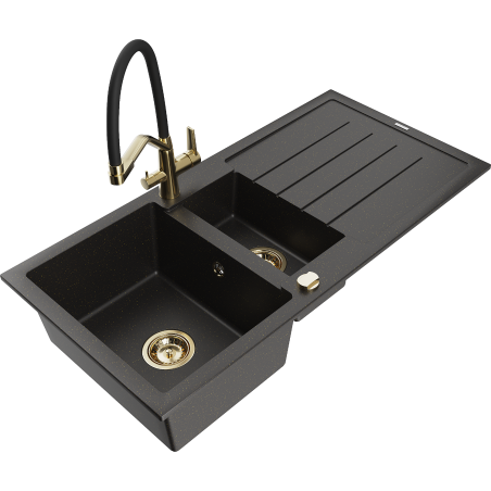 Mexen Andres évier en granit 1,5 bac avec égouttoir et robinet de cuisine Duo, noir/or métallique - 6515-75-671701-57-G