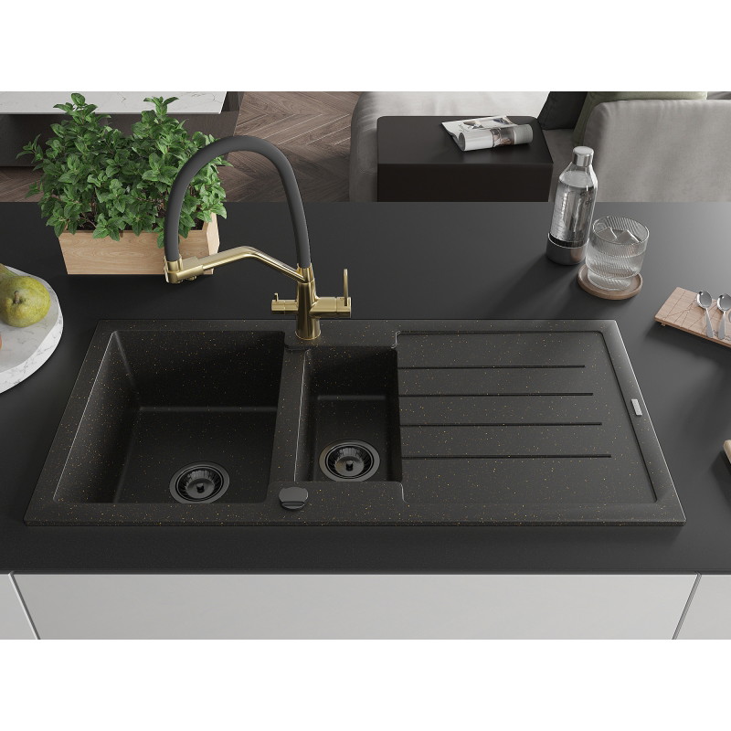 Mexen Andres 1,5-vaks granieten spoelbak met afdruiprek en Duo keukenmengkraan, zwart/goud metallic - 6515-75-671701-57-B