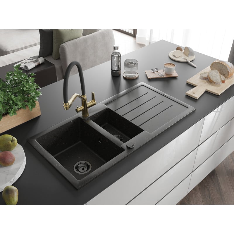 Mexen Andres fregadero de granito de 1,5 senos con escurridor y grifo de cocina Duo, negro/oro metálico - 6515-75-671701-57-B