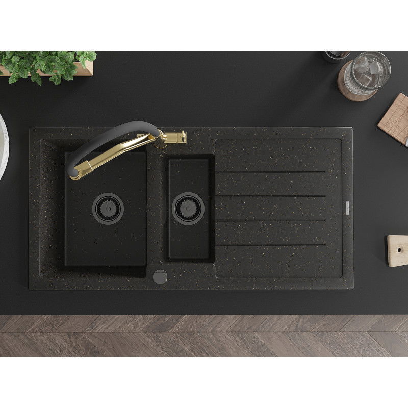 Mexen Andres granieten gootsteen 1,5-kamer met afdruiprek en keukenkraan Duo, zwart/gouden metallic - 6515-75-671701-57-B