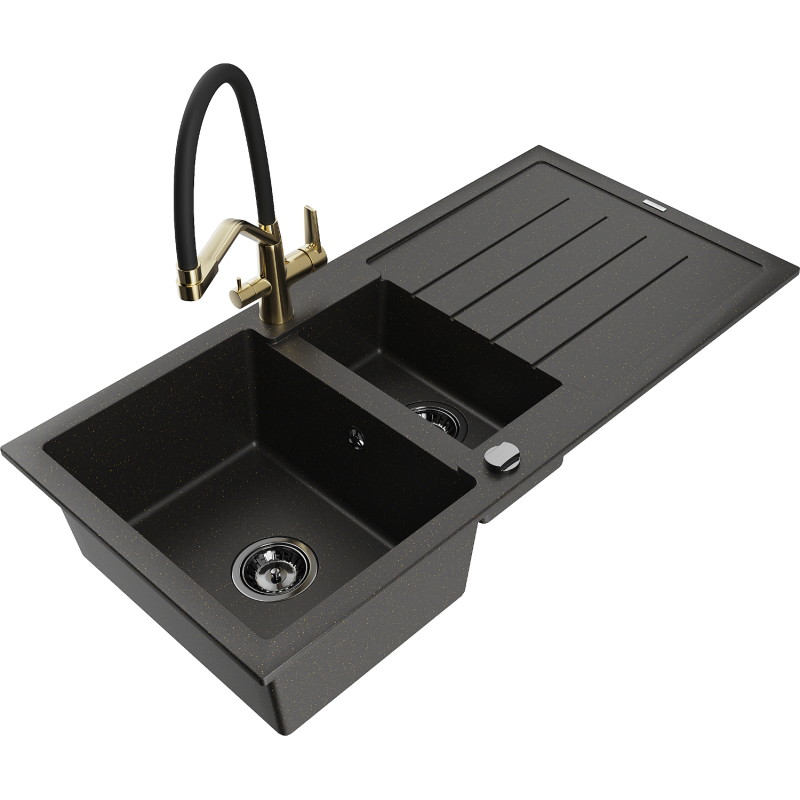 Mexen Andres 1,5-vaks granieten spoelbak met afdruiprek en Duo keukenmengkraan, zwart/goud metallic - 6515-75-671701-57-B