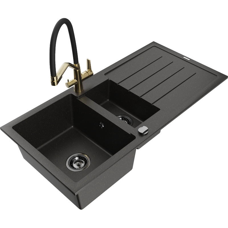 Mexen Andres fregadero de granito de 1,5 senos con escurridor y grifo de cocina Duo, negro/oro metálico - 6515-75-671701-57-B