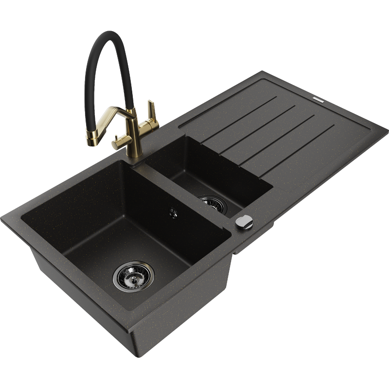 Mexen Andres granite sink 1.5-bowl with drainer and Duo kitchen tap, black/golden metallic - 6515-75-671701-57-B