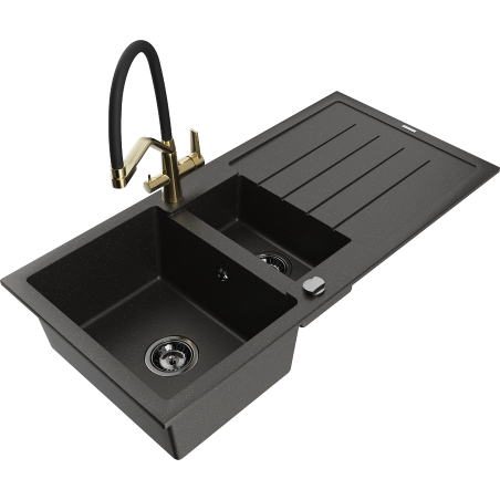 Mexen Andres granieten gootsteen 1,5-kamer met afdruiprek en keukenkraan Duo, zwart/gouden metallic - 6515-75-671701-57-B