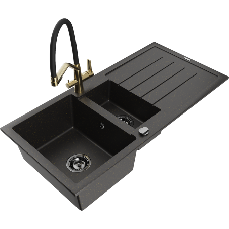 Mexen Andres lavello in granito 1,5 vasche con sgocciolatoio e rubinetto da cucina Duo, nero/oro metallizzato