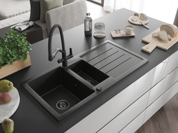 Mexen Andres Granitspüle 1,5-Kammer mit Abtropffläche und Küchenarmatur Duo, schwarz/gold metallic - 6515-75-671701-70-B