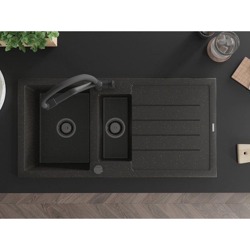 Mexen Andres fregadero de granito 1,5 senos con escurridor y grifo de cocina Duo, negro/dorado metálico - 6515-75-671701-70-B