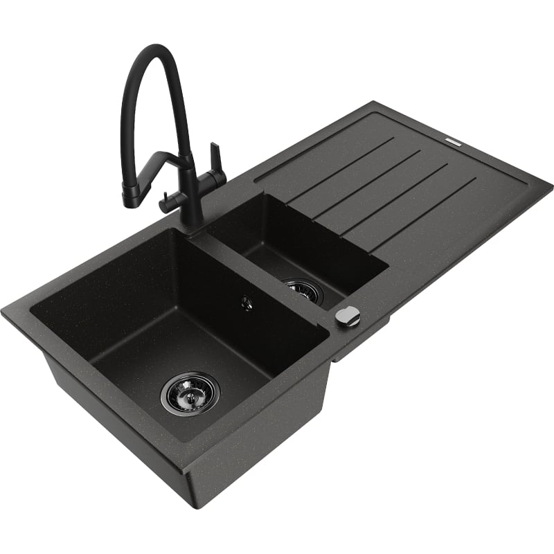 Mexen Andres 1.5-bowl granite sink with drainer and Duo kitchen faucet, black/gold metallic - 6515-75-671701-70-B