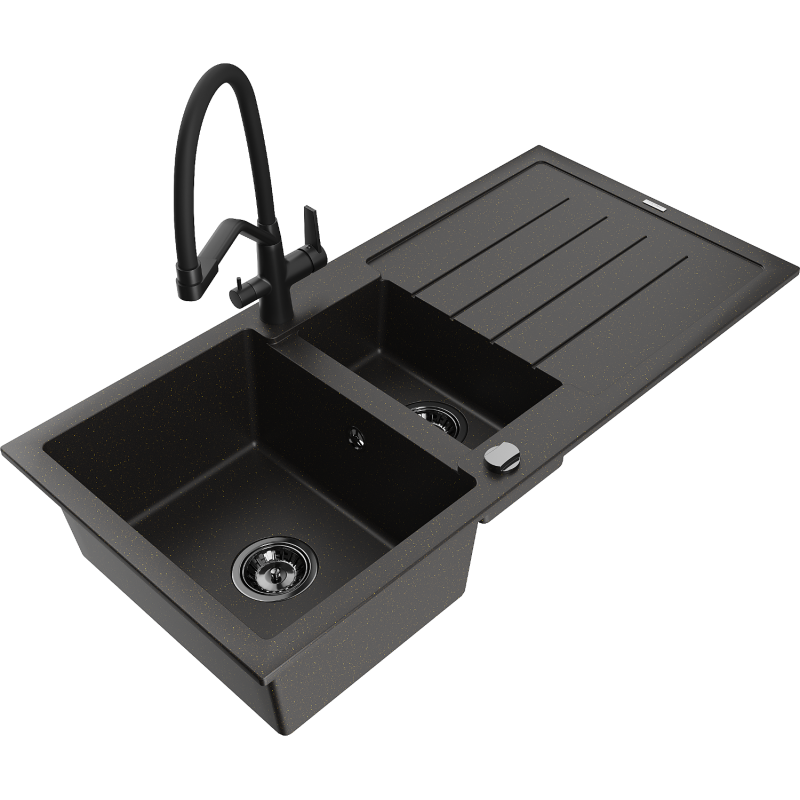 Mexen Andres fregadero de granito 1,5 senos con escurridor y grifo de cocina Duo, negro/dorado metálico - 6515-75-671701-70-B