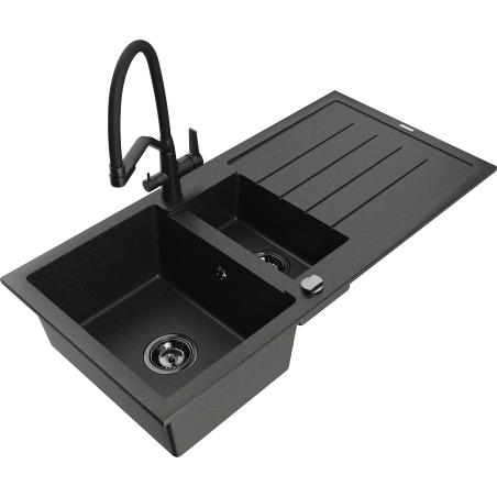 Mexen Andres 1.5-bowl granite sink with drainer and Duo kitchen faucet, black/gold metallic - 6515-75-671701-70-B