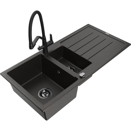 Mexen Andres fregadero de granito de 1,5 senos con escurridor y grifo de cocina Duo, negro/dorado metálico