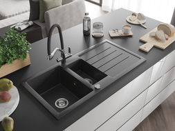 Mexen Andres 1.5-bowl granite sink with drainer and Duo kitchen tap, speckled black - 6515-76-671701-07