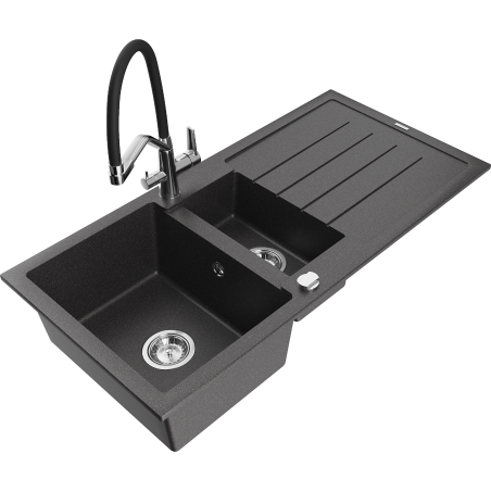 Mexen Andres 1.5-bowl granite sink with drainer and Duo kitchen tap, speckled black - 6515-76-671701-07