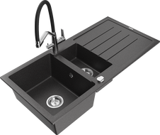 Mexen Andres fregadero de granito de 1,5 senos con escurridor y grifo de cocina Duo, negro moteado - 6515-76-671701-07