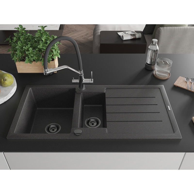 Mexen Andres granite sink 1.5-bowl with drainer and kitchen tap Duo, black speckled - 6515-76-671701-07-B