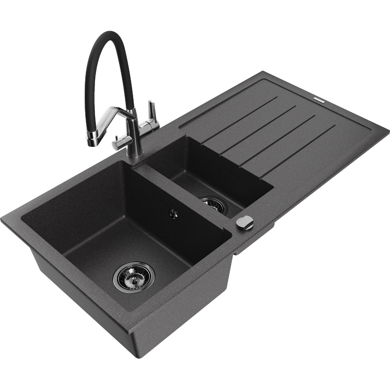 Mexen Andres fregadero de granito de 1,5 cubetas con escurridor y grifo de cocina Duo, negro moteado - 6515-76-671701-07-B