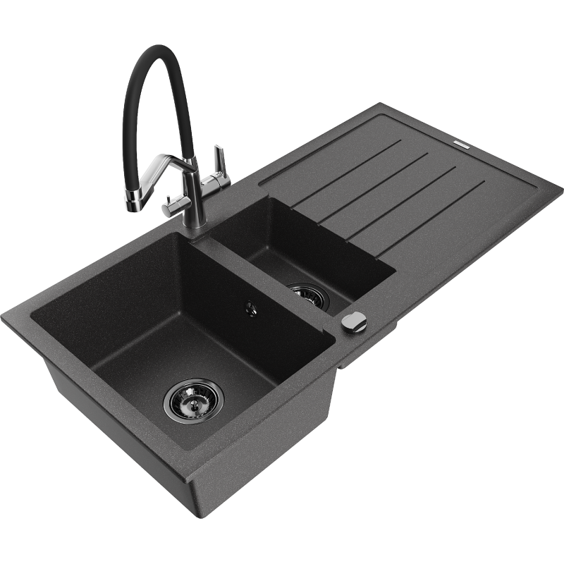 Mexen Andres granite sink 1.5-bowl with drainer and kitchen tap Duo, black speckled - 6515-76-671701-07-B